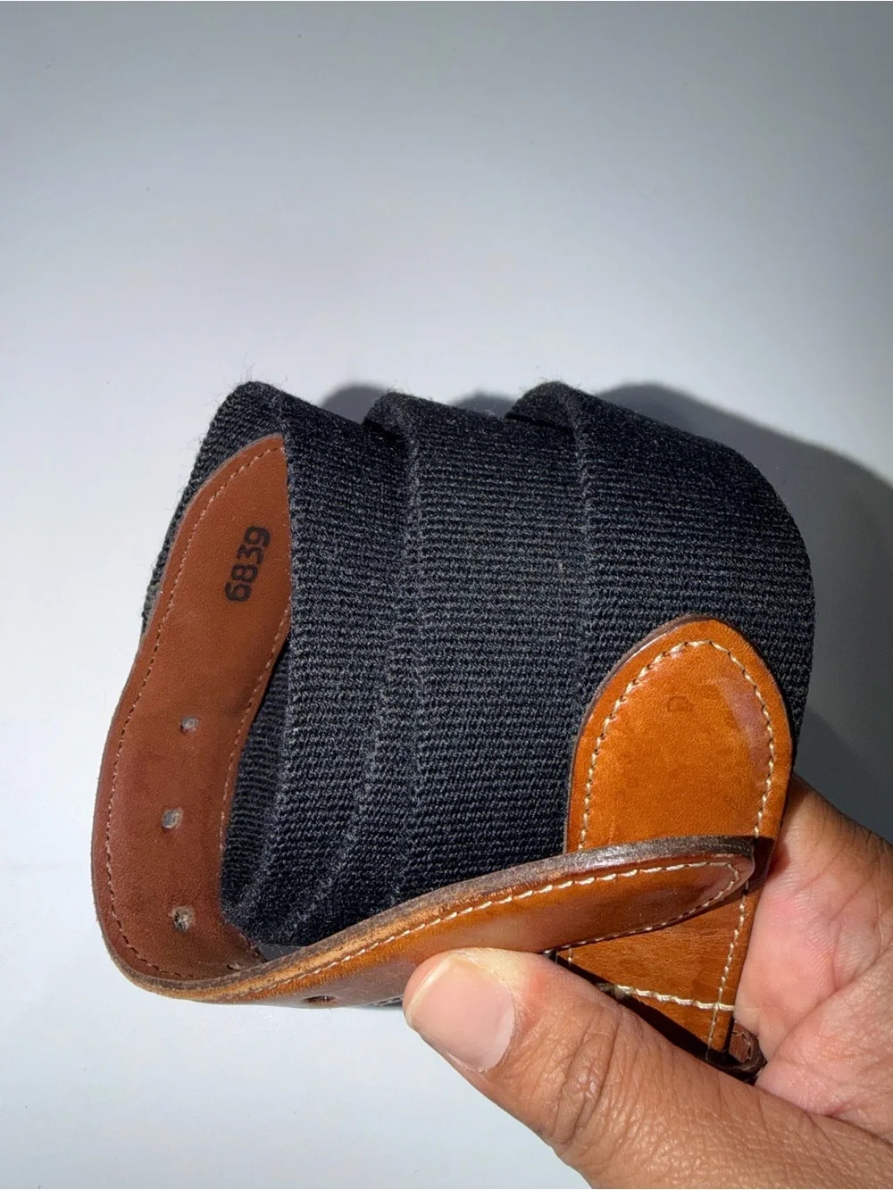 Men's Tan Leather & Black Fabric Belt - Classic Casual Style